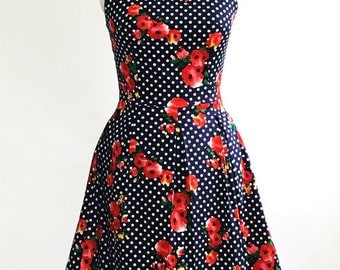 Floral polka dot dress, 1950s dress, red floral dress, summer dress, sundress, wedding guest dress, vintage style dress, 50s dress
