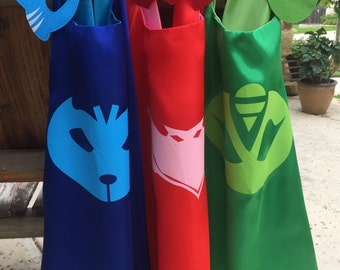 Personalized PJ masks cape and mask set ~ PJ Masks Costume ~ Gekko, Catboy & Owlette birthday party favors, - superhero capes