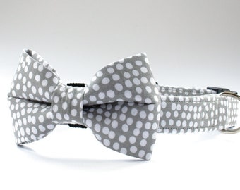 Handmade Dog Bow Tie, Grey Spotty Cotton Fabric, Slides Over Existing Collar.