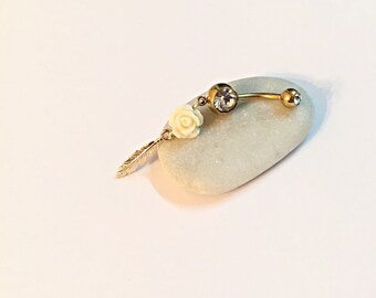 Gold navel ring, dangle belly ring, belly button rings, navel jewelry, feather belly ring, navel piercing, belly jewelry, boho belly ring