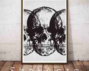 Human Skull Decor, Black Autumn Decor, Boho Skull Print, Sugar Skull Poster, Black Skull Print, Minimalist Halloween, Human Skull Art