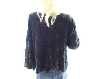 Black Beaded Jacket, Vintage 80s Bolero, Cropped Black Jacket, Beaded Black Bolero, Silk Beaded Jacket, 1980s Vintage Jacket, small