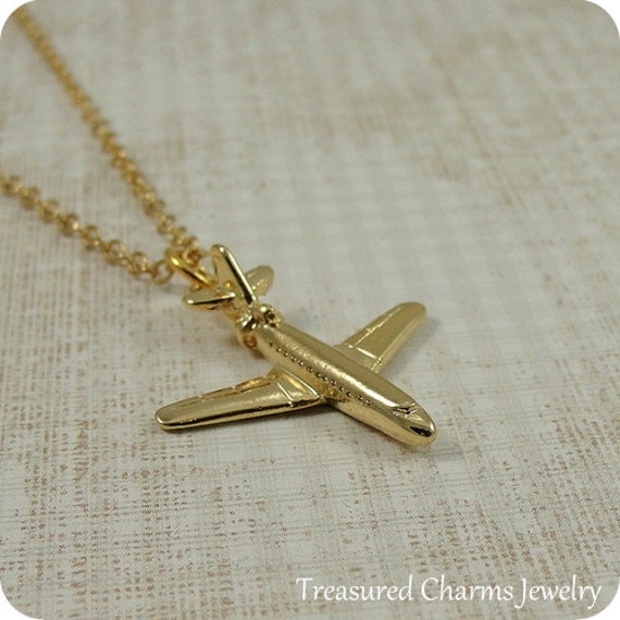 Airplane Necklace Gold Plated Airplane Charm on a Gold Cable