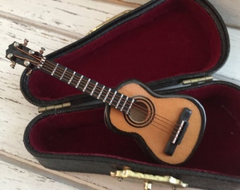 Miniature Guitar with Case, Miniature Music, Mini Accessory, Decor, Mini Guitar, Instrument, 2.5 Inch Mini Guitar
