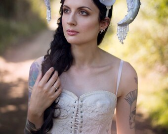 SALE Pearl Ram Horn 'Esme' Couture Lace Floral Headdress
