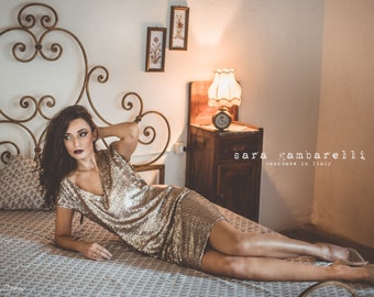 GOLD SEQUIN DRESS, New Year's Eve sequined dress, A - line evening dress, gold tunic dress, V neck short dress
