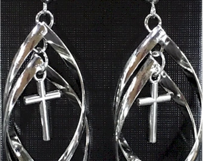 Silver Double Twist Hoop with Hollow or Classic Cross Earrings Long Drop Dangle Womans Girls Christian Jewelry - Saint Michaels Jewelry