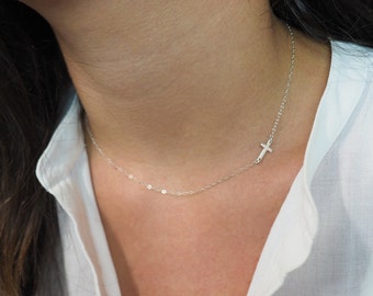 Tiny Sideways Cross Necklace, Sterling Silver Cross Necklace, Off Side Cross Necklace