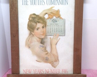 FRAMED COVER ART is an Original Art Print of 1/6/16 "The Youth's Companion" Magazine of a Lovely Young Lady titled "New Year's Number 1916"