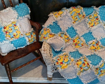 Rag Quilt, Ducks and Polka Dots, Lap Quilt & Pillow Set, Handmade, Unique Gift, Ready to Ship