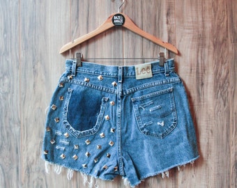 Lee high waist vintage studded denim shorts Size 14 | Ripped distressed shorts | Silver pyramid studded | Hipster festival shorts |