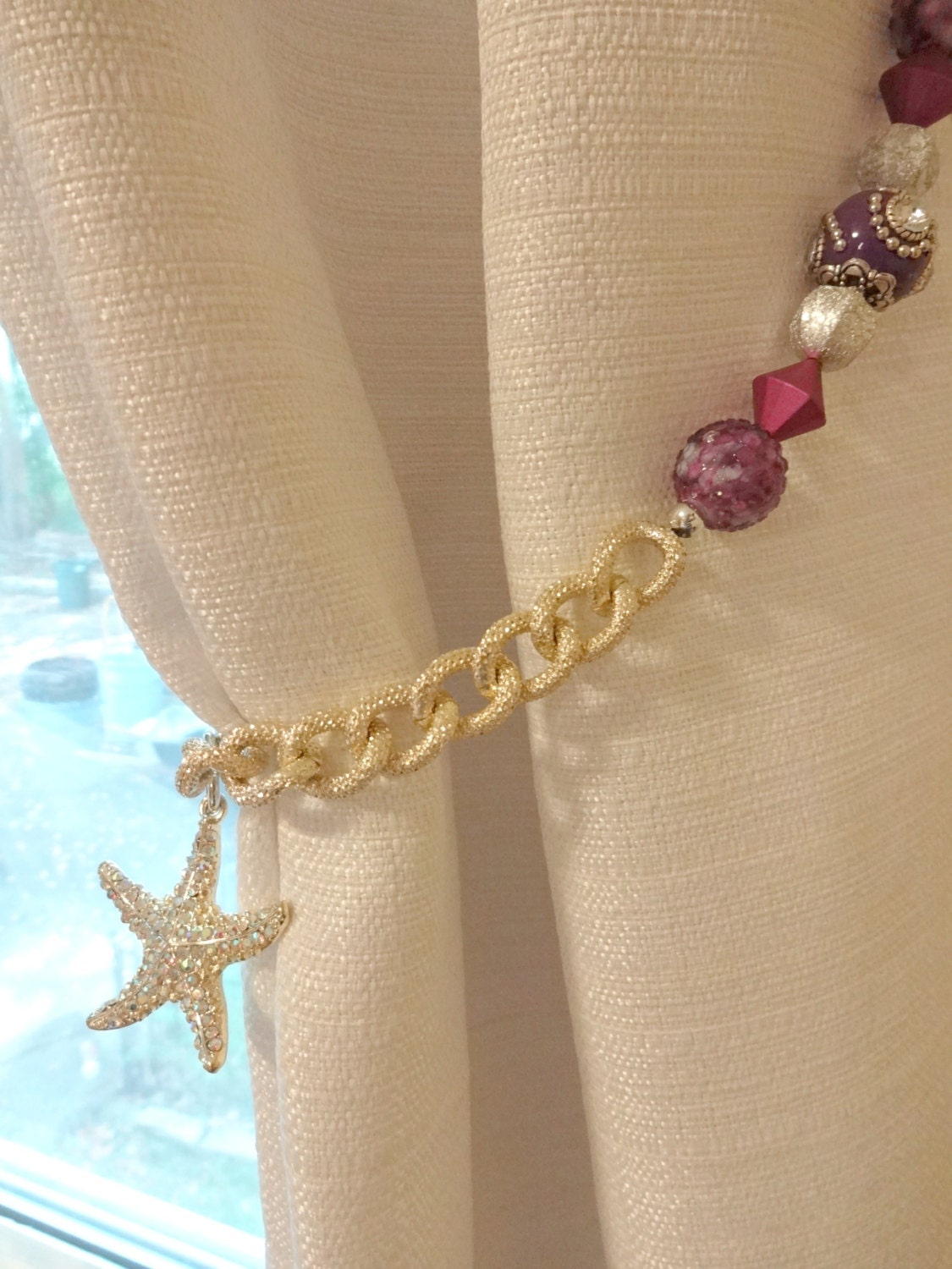 Beaded Curtain Tie Back Set Purple Curtain Starfish Tieback
