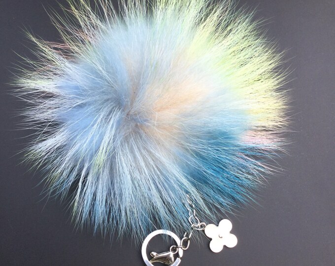 NEW Tropical Swirl™ Multi Color Raccoon Fur Pom Pom bag charm clover flower charm keychain piece no.318