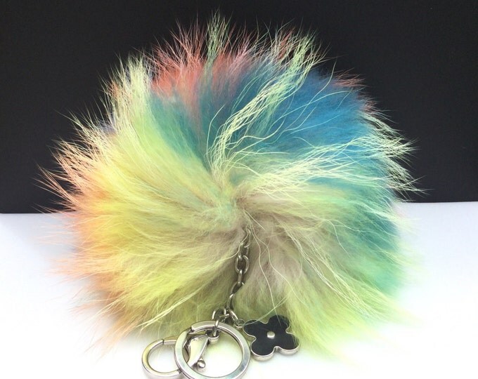 NEW Tropical Swirl™ Multi Color Raccoon Fur Pom Pom bag charm clover flower charm keychain piece no.315