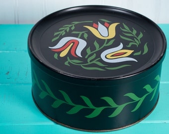 Vintage Guildcraft Container Black Metal Pennsylvania Dutch Tulips and 25 Vintage Fabric Soft Bean Bags, New York, USA, Sewing or Cookie Tin