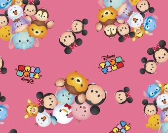 Disney Tsum Tsum Fabric Group Toss Pink Logo Cotton BTY