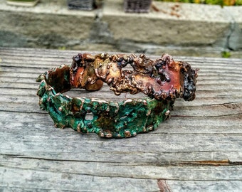 Heavy Melt Copper Cuff Bracelet. 0.5" Wide. Verdi green and Fired Rustic.
