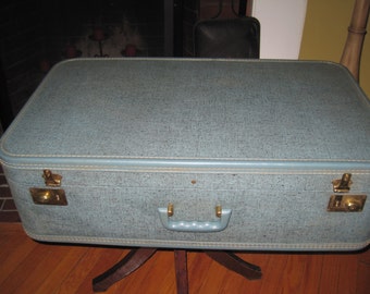 Large Vintage blue suitcase luggage speckled blue