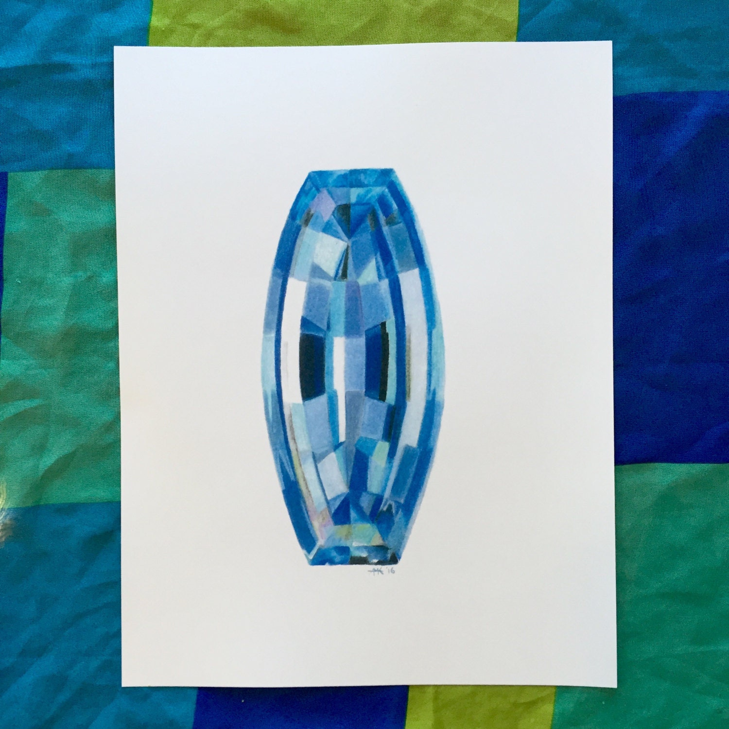 Aquamarine Facet Gemstone Drawing Art Print