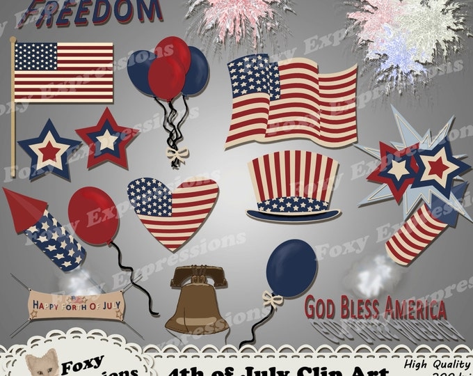 4th of July vintage clipart, comes with banners, flags, rockets, fireworks, balloons, hats, signs, and liberty bell all in red, white & blue