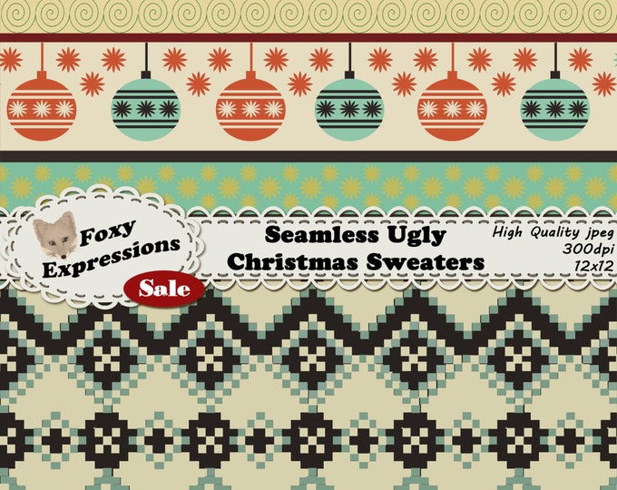 Seamless Ugly Christmas Sweater Digital paper in shades of green, cream, reds, and black. Designs are deer, hearts, ornaments, trees & snow