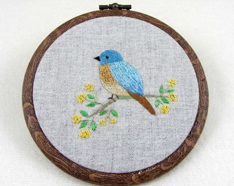 Embroidery hoop art, hand embroidered decoration, bird and flower, art embroidery, rustic hoop decor, embroidered linen