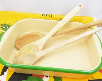 Yellow and Green Enamel Pan, 11 3/4" Long, Vintage Enamel Rectangle Pan