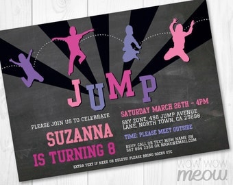 Pink Girls Trampoline Party Invitation JUMP Invite Birthday Any Age INSTANT DOWNLOAD Sports Purple Customize Personalize Editable Printable