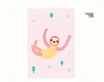 Pygmy three-toed sloth Postcard, 4"x6", Endangered Animal, Illustration, Art print