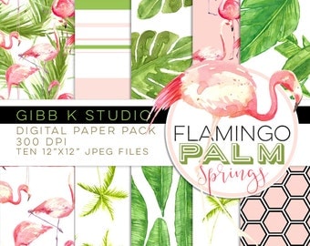 Flamingo Palm Springs Digital paper pack - pink green watercolor - Scrapbook - Small Com OK - INSTANT DOWNLOAD - Gibb K Studio