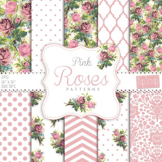Roses digital paper : Pink Roses Patterns floral
