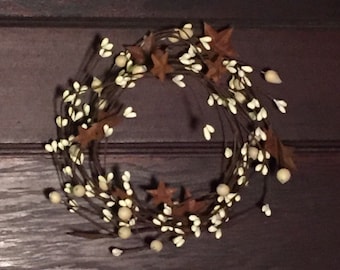 Cream Pip Berry Candle Ring with Rusty Stars--Americana Candle Ring--Mini Pip Berry Wreath - Wedding Wreath- Free Shipping