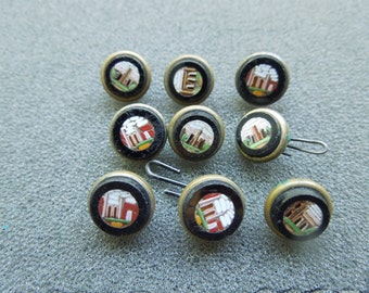 9 Antique Architectural Micromosaic Waistcoat Buttons Micro Mosaic Italy France Lot Roman Monuments marked LM Paris