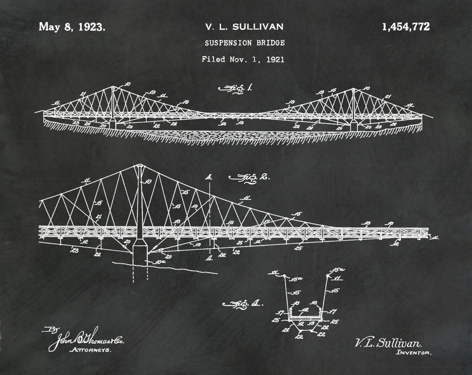 Patent 1923 Suspension Bridge Art Print Poster Print 