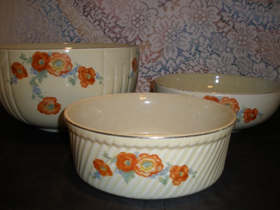 Hall Orange Poppy Mixing Bowls Souffle Dish Vintage 1950's