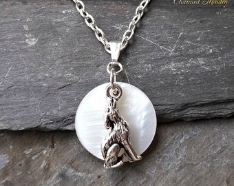 Wolf & Moon Pendant Necklace, Wolf Charm Necklace, Full Moon, Howling Wolf, Shamanic Jewellery, Shaman, Animal Totem, Mother of Pearl, Pagan
