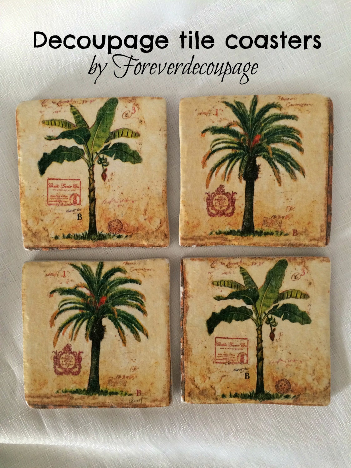 decoupage coasters napkin Palm tile decor decoupage table coffee tree hand coasters