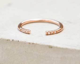 Dainty, thin Open, Adjustable, Regular/Midi Knuckle ring - ROSE GOLD - Stacking Band Ring with 6 mini CZ Stones - quarter eternity band