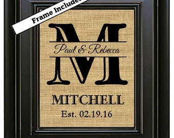 FRAMED Burlap Monogram Monogrammed Gifts Personalized Wedding Gift for Couple Gift for Bride Wedding Gift Last Name Established Gift Art