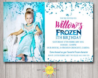Frozen Printable Photo Birthday Invitation Personalised Any Age Blue Confetti Glitter