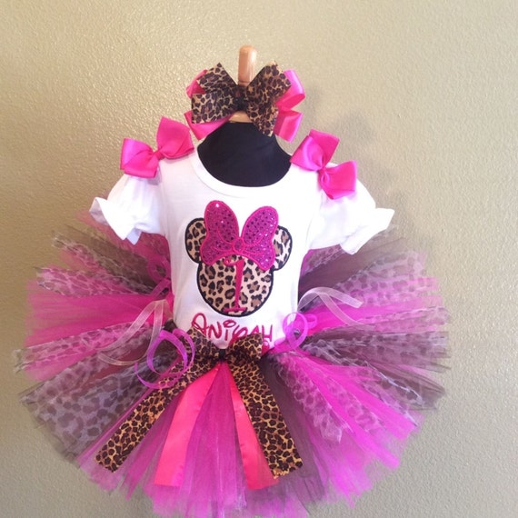 3 Pc Leopard Minnie Mouse Silhouette Hot Pink Tutu Set Top