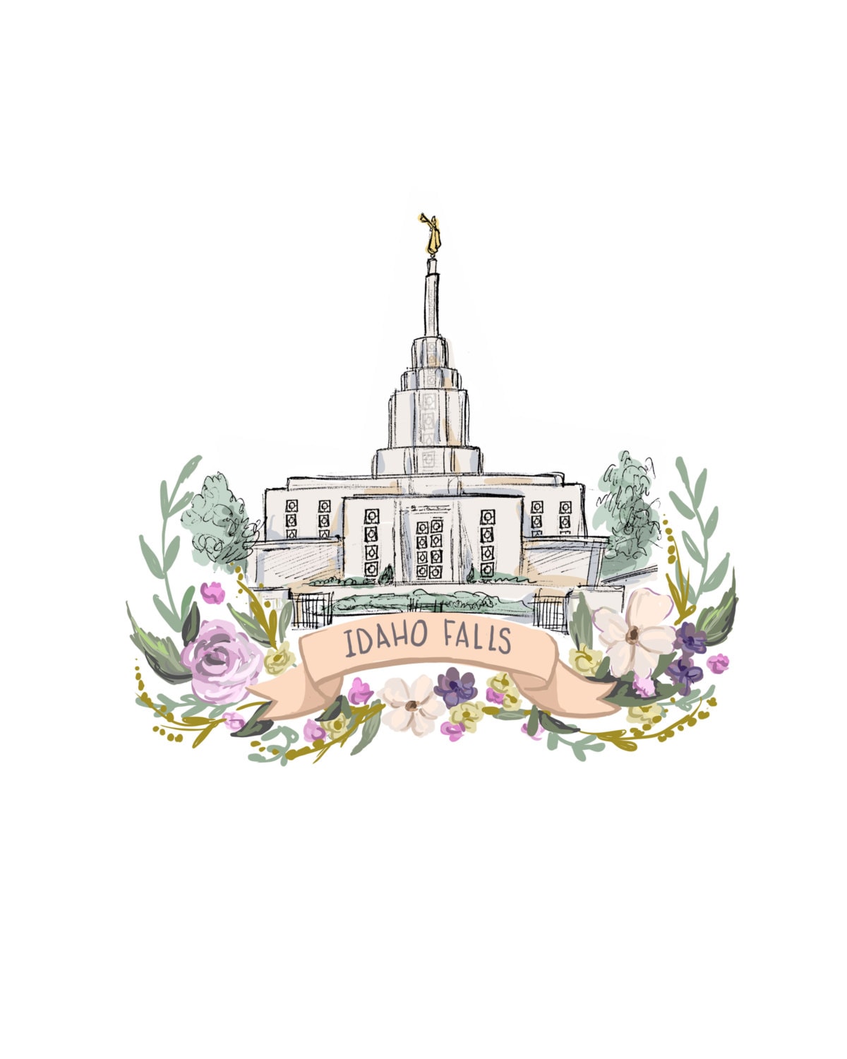 Idaho Falls Temple with flower wreath Mormon LDS wall