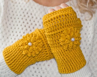 Mustard fingerless gloves, fingerless mittens, crochet gloves, knitted gloves, womens gloves, winter gloves, flower gloves, hand warmers