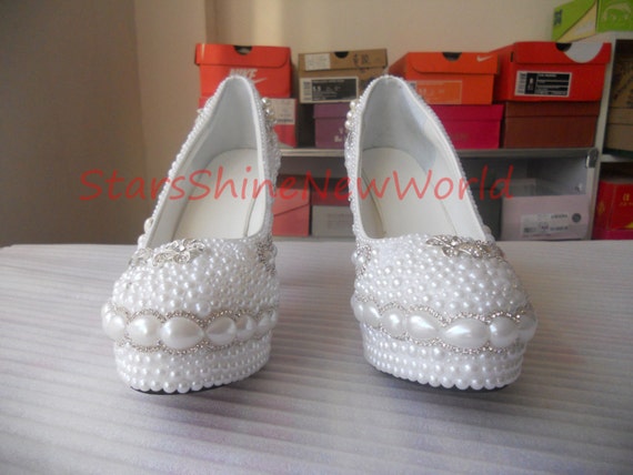Customization Lettering White Pearls Women Wedding Shoes High