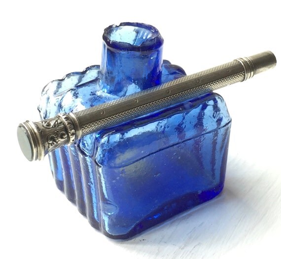 Items similar to Antique ink bottle, victorian hand made blue glass ink