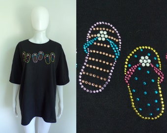 40%offAug15-17 90s sandals t-shirt size 2X / XXL, black jeweled rhinestone shirt, 1990s womens short sleeve cotton beach shirt