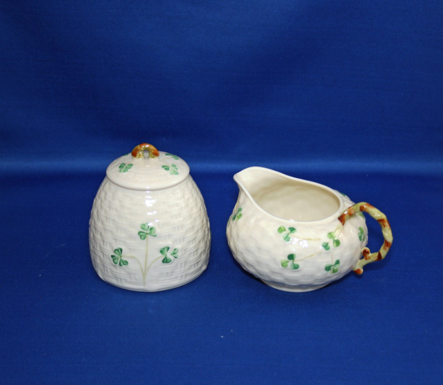 VINTAGE Belleek China Gold 7th Mark Creamer and Lidded Marmalade