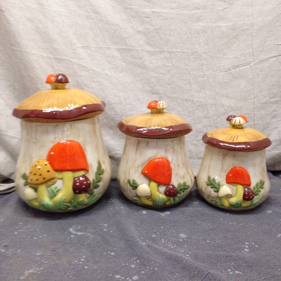 Merry Mushrooms Ceramic Kitchen Canisters // 70s Kitschy