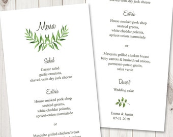 Watercolor Wedding Menu Template "Lovely Leaves", Green. DIY Wedding Menu Printable Template, Tea Length. Edtable Text, Instant Download.