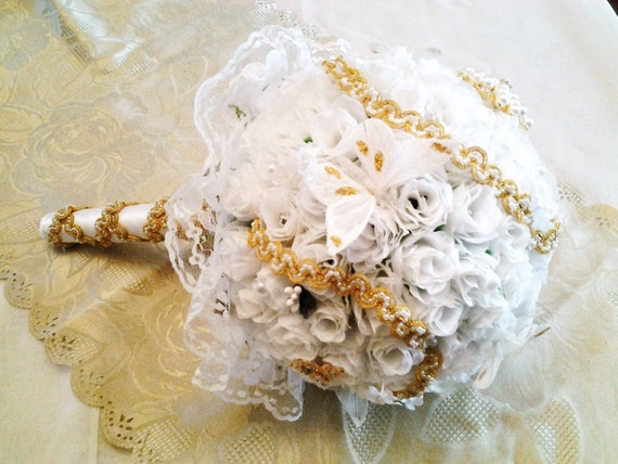Bridal Bouquet White Roses Pins Ribbon Gems Butterflies Gold
